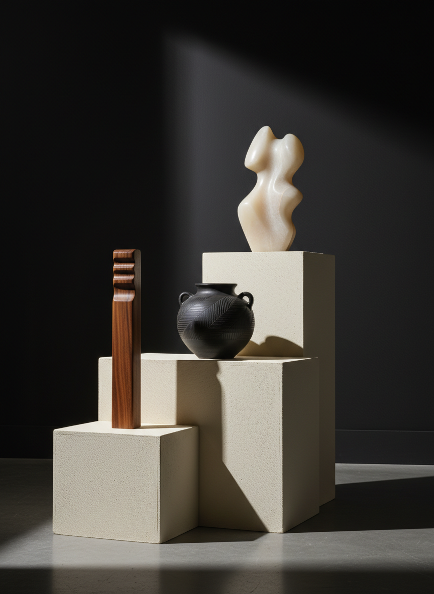 A set of original sculptural craft pieces displayed on staggered plinths of varying heights, finished in warm off-white plaster, against a deep charcoal backdrop. One sculpture is a smooth alabaster-like form with gentle curves, another a dark stoneware piece with matte black glaze and incised linear patterns, and a third a slender, polished hardwood totem with visible grain. A single directional spotlight from above and slightly behind creates dramatic highlights and refined, elongated shadows across the plinths and onto the floor. Photographic realism, captured from a low-angle perspective to emphasize the stature and elegance of the works, with a clean, minimal composition that feels like a high-end contemporary art gallery.