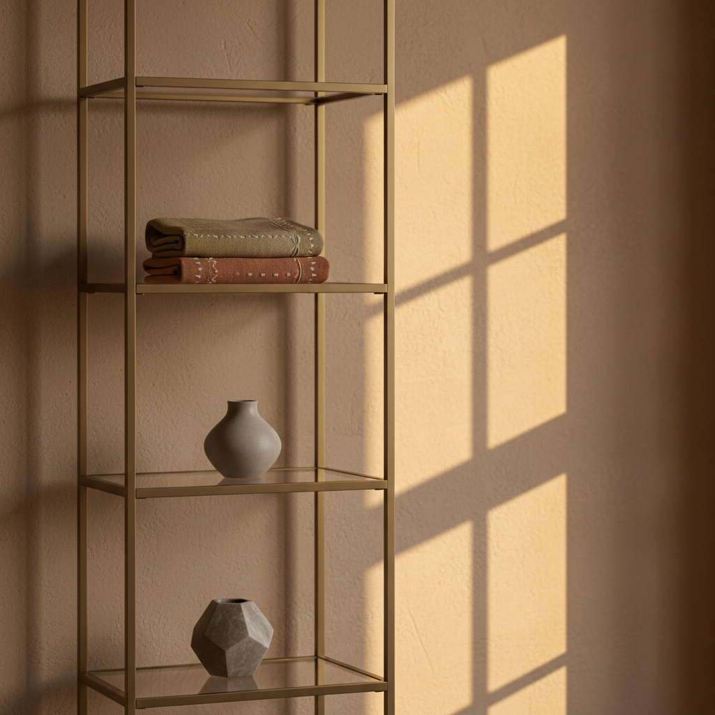 An elegant corner of a craft artist’s display space featuring a tall, narrow shelving unit in brushed brass with thin frames and glass shelves. On the shelves rest carefully spaced pieces: a folded textile in muted earth tones with subtle hand-stitched details, a small hand-thrown vase in soft dove gray, and a faceted stone object with a silky matte finish. The background wall is painted a warm, desaturated clay color. Golden hour sunlight enters from a window to the right, catching the brass edges and casting gentle linear reflections on the wall. Photographic realism, composed with vertical lines emphasized, creating a sophisticated, tranquil, and impeccably curated environment.