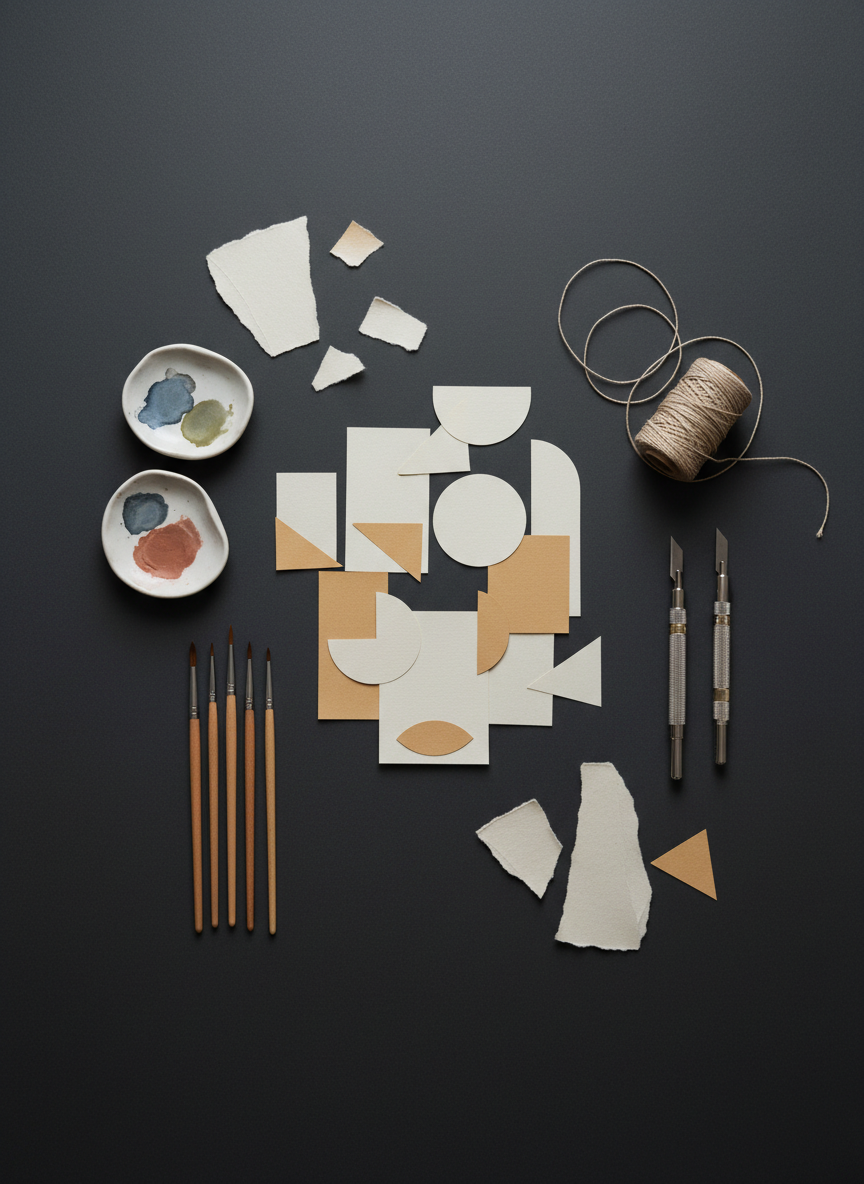 A meticulously arranged flat lay of craft art tools and materials on a smooth charcoal-gray surface: fine-tipped brushes with wooden handles, small porcelain paint palettes with traces of muted pigments, neatly coiled linen threads, precision knives, and fragments of textured handmade paper in cream and soft ochre. A partially completed minimalist paper collage occupies the center, with clean geometric shapes aligned carefully. Overhead soft studio lighting creates even illumination with delicate shadows that define each object’s form without harshness. Photographic realism with a sophisticated, modern aesthetic, composed with subtle asymmetry to feel curated yet natural, evoking a quiet, focused, artisanal workspace atmosphere without any human presence.