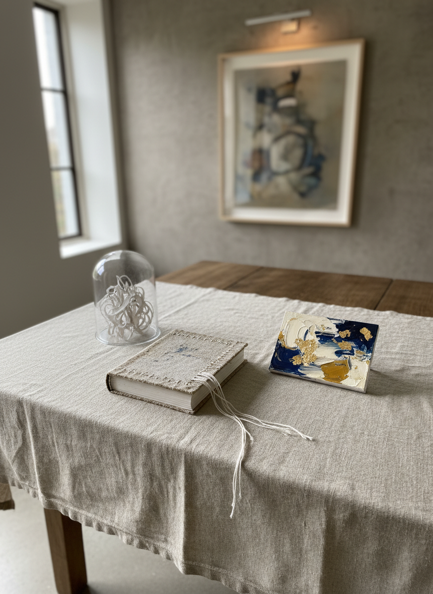 An assortment of finely crafted mixed-media art pieces arranged on a large, textured linen-covered table: a handbound artist’s book with exposed stitching, a small abstract canvas with layered paint and gold leaf, and a delicate glass dome encasing a miniature paper sculpture. Behind the table, a muted stone-colored wall holds a single large, blurred framed artwork. Diffused overcast daylight filters through a tall window on the left, balancing with a subtle warm accent light from above, creating a harmonious, soft glow. Photographic realism, shot from a slightly elevated angle with sharp focus on the foreground objects and gentle bokeh in the background, evoking a refined studio atmosphere that feels quiet, intentional, and luxurious.