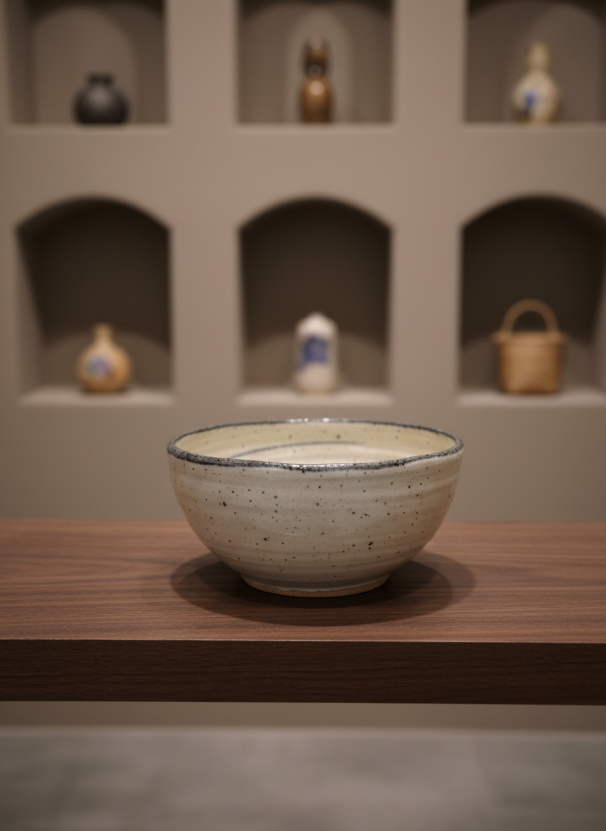 A close-up of a single handcrafted ceramic bowl resting on a dark walnut display shelf, its surface featuring a subtle speckled ivory glaze with a thin, hand-brushed charcoal rim. The interior reveals delicate swirl patterns from the potter’s wheel. The shelf is built into a soft taupe wall with recessed niches, each holding a different blurred craft object in the distance. Soft studio lighting from above and slightly to the right creates gentle, controlled highlights along the curve of the bowl and a refined shadow beneath. Photographic realism, composed using the rule of thirds, with a shallow depth of field that isolates the bowl, conveying a serene, sophisticated, gallery-like mood.