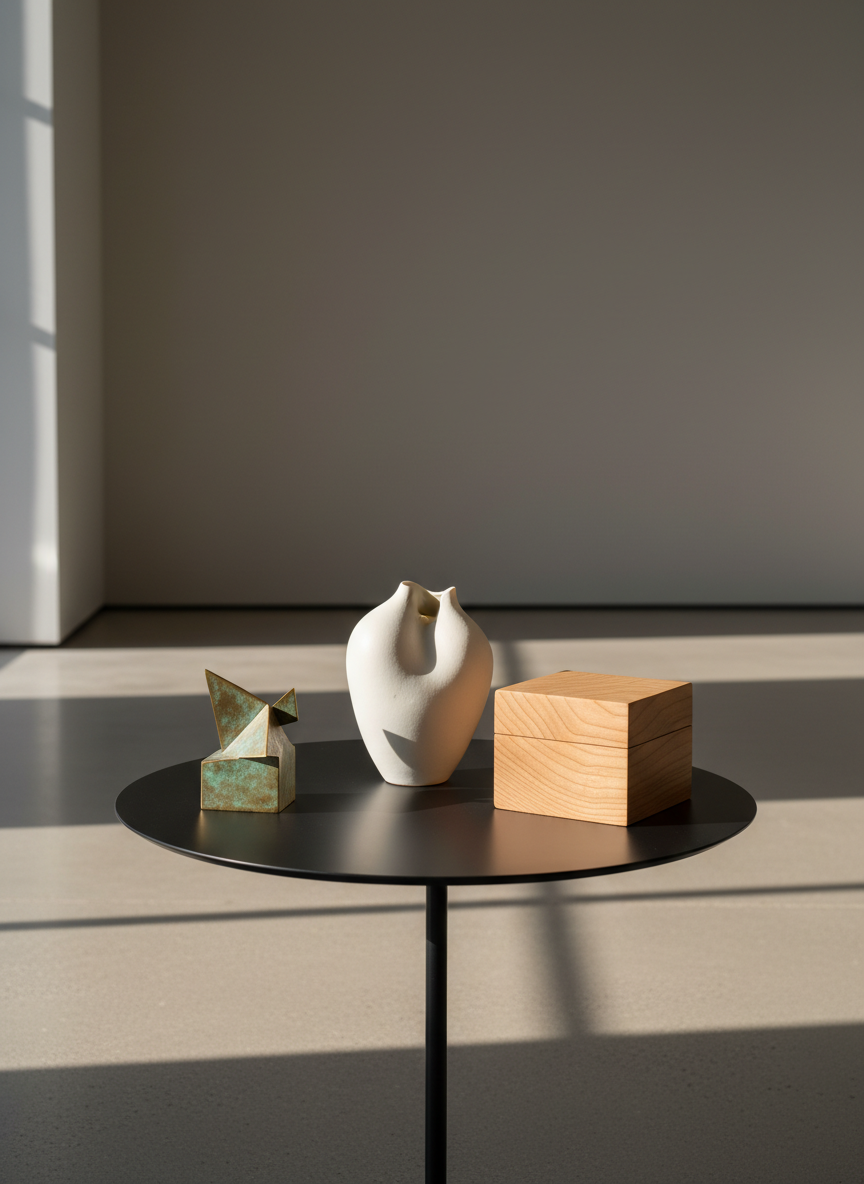 A curated arrangement of handmade craft art objects displayed on a low, matte black pedestal table: a sculpted porcelain vessel with a satin eggshell glaze, a minimalist carved wooden box with visible grain, and a small geometric brass sculpture with a soft patina. They sit in a spacious, gallery-like room with pale concrete floors and a warm gray wall. Late afternoon natural light enters from an unseen window to the left, creating long, refined shadows and subtle highlights on each piece. Photographic realism with a sophisticated, minimalist aesthetic, shot at eye level with a shallow depth of field, the background gently blurred to emphasize form, texture, and craftsmanship in a calm, contemplative atmosphere.